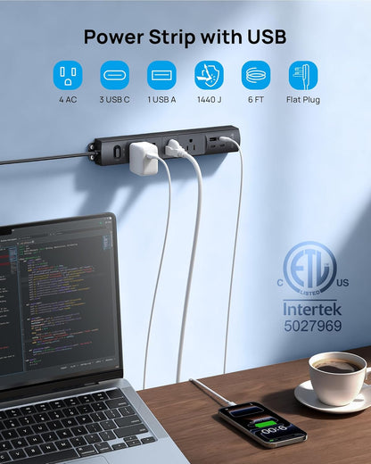 Power Strip Surge Protector Flat Plug, 4 AC Outlets & 4 USB Ports, 6Ft Long Extension Cord, 1440 Joules, Wall Mount for Workbench, Nightstand, Dresser, Home, Office, Desk, Black