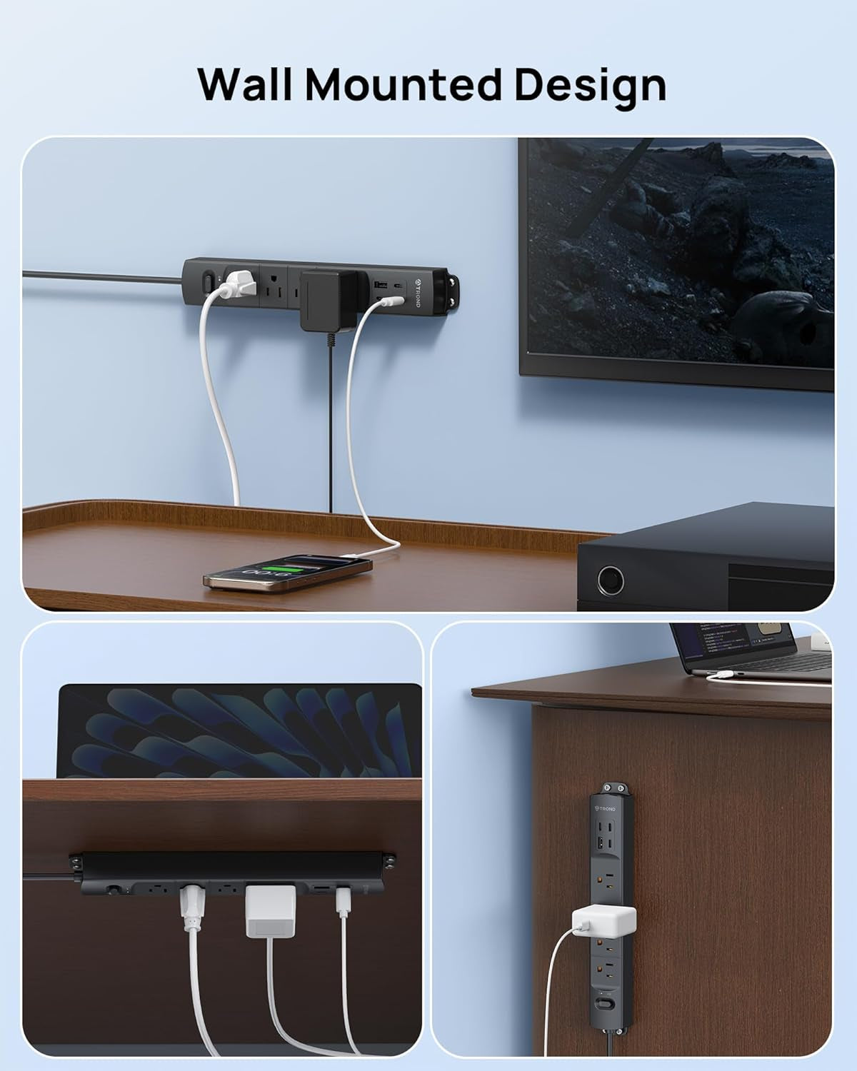 Power Strip Surge Protector Flat Plug, 4 AC Outlets & 4 USB Ports, 6Ft Long Extension Cord, 1440 Joules, Wall Mount for Workbench, Nightstand, Dresser, Home, Office, Desk, Black