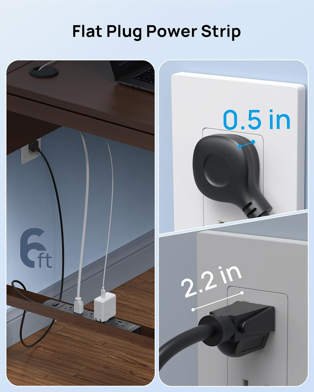 Power Strip Surge Protector Flat Plug, 4 AC Outlets & 4 USB Ports, 6Ft Long Extension Cord, 1440 Joules, Wall Mount for Workbench, Nightstand, Dresser, Home, Office, Desk, Black